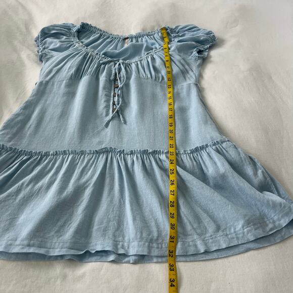 Free People Blue Perri Puff Sleeve Button Front Drop Waist Mini Dress Size Large - Picture 7 of 14